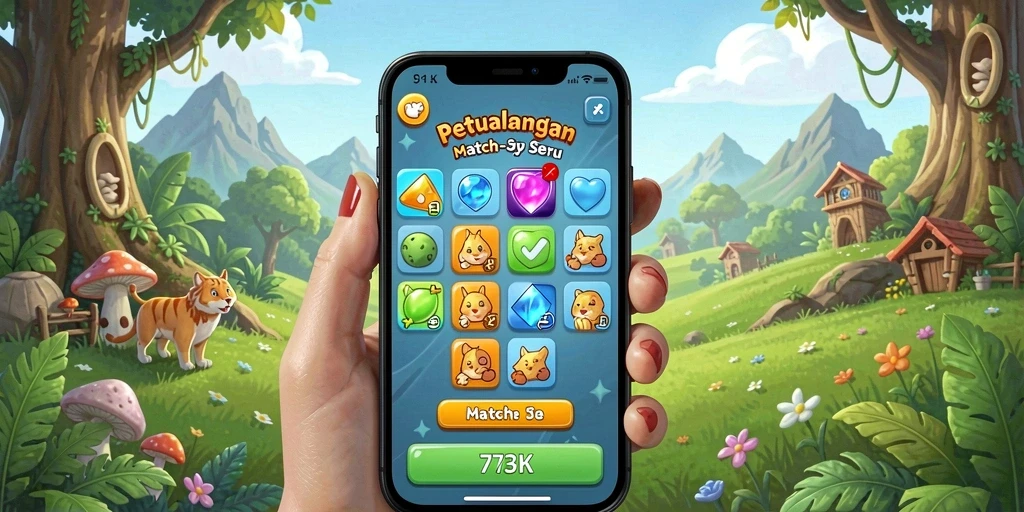 Gameplay Match-3 yang penuh warna dan seru.