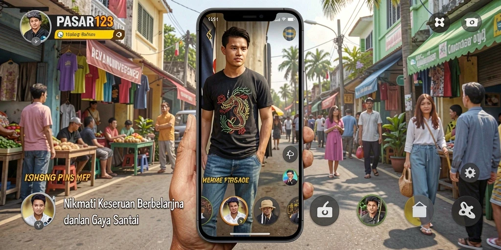 Screenshot utama PASAR123 menampilkan keseruan berbelanja di pasar virtual.